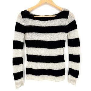 John Galt Striped Mohair Blend Fuzzy Pullover Sweater Black White‎ OS